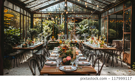 A beautifully decorated greenhouse dining setup, featuring long wooden tables adorned with elegant floral arrangements and surrounded by lush greenery. A beautifully decorated greenhouse dining setup, featuring long wooden tables adorned with elegant floral arrangements and surrounded by lush greenery. 117999117