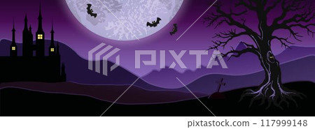 Purple Halloween banner background with glowing, foggy landscape with mountains, old castle, house, tree, big moon, grave cross. Otherworldly, mystical illustration. Purple Halloween banner background with glowing, foggy landscape with mountains, old castle, house, tree, big moon, grave cross. Otherworldly, mystical illustration. 117999148