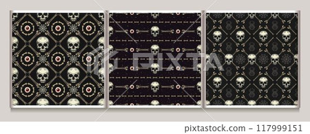 Halloween geometric patterns with bones, skull, eyeballs, spiders. Gothic bizarre illustrations. Textured black background. Vintage style. Halloween geometric patterns with bones, skull, eyeballs, spiders. Gothic bizarre illustrations. Textured black background. Vintage style. 117999151