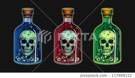 Set of colorful big bottles of poison, potion with human skull, eyeballs, mushrooms inside. Witchcraft concept. Halloween creepy illustration in vintage style on black background. Not AI 117999152