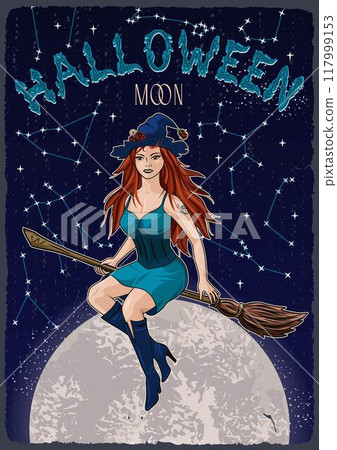 Halloween poster with young beautiful witch flying on broomstick, full big moon behind, zodiacal constellation, text. Colorful illustration in vintage style. Otherworldly, mystical illustration 117999153