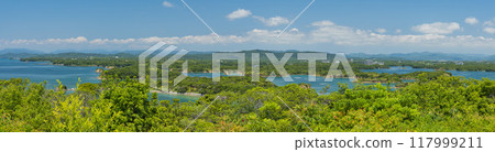 View of the islands and Ago Bay from Kirigaki Observatory in Tomoyama Park, Shima City, Mie Prefecture, Japan 117999211