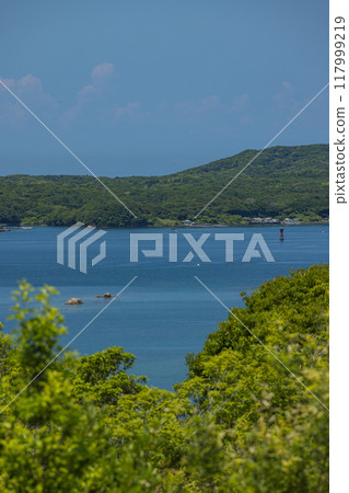 從日本三重縣志摩市富山公園霧垣觀景台看到的島嶼和英虞灣 117999219