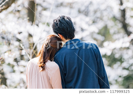 A couple embracing each other while admiring the cherry blossoms A couple embracing each other while admiring the cherry blossoms 117999325