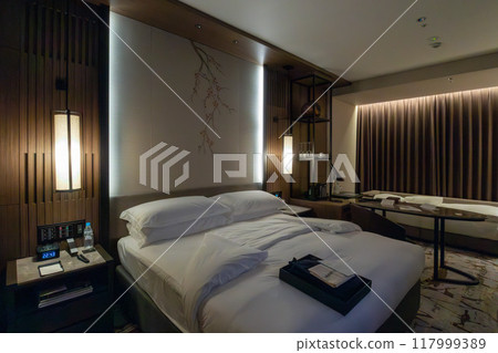 A room at night at the Ritz-Carlton Reserve, Higashiyama Niseko Village, a luxury resort hotel in Niseko, Hokkaido A room at night at the Ritz-Carlton Reserve, Higashiyama Niseko Village, a luxury resort hotel in Niseko, Hokkaido 117999389