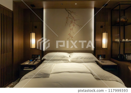 A room at night at the Ritz-Carlton Reserve, Higashiyama Niseko Village, a luxury resort hotel in Niseko, Hokkaido A room at night at the Ritz-Carlton Reserve, Higashiyama Niseko Village, a luxury resort hotel in Niseko, Hokkaido 117999393