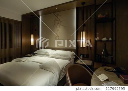 A room at night at the Ritz-Carlton Reserve, Higashiyama Niseko Village, a luxury resort hotel in Niseko, Hokkaido A room at night at the Ritz-Carlton Reserve, Higashiyama Niseko Village, a luxury resort hotel in Niseko, Hokkaido 117999395