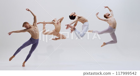 Group of dancers in synchronized motion, capturing dynamic leap, showcasing their grace in perfect harmony against white background. Group of dancers in synchronized motion, capturing dynamic leap, showcasing their grace in perfect harmony against white background. 117999542