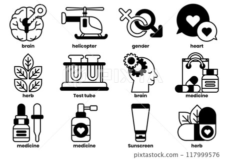 Set of collection of illustrations in the concept of medical objects Set of collection of illustrations in the concept of medical objects 117999576