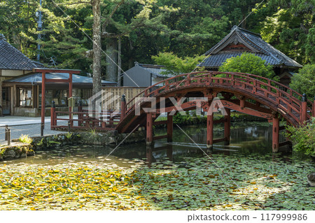 Renju Bridge spanning the Renma Pond at Kongoshoji Temple in Dake, Asakuma-cho, Ise City, Mie Prefecture, Japan 117999986