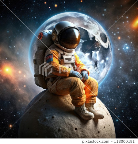 Dreamy Space Odyssey: Cute Astronaut Character Ponders Mysteries of Cosmos on Small Cratered Moon. Minimalist Celestial Scene: Thoughtful Cartoon Astronaut Sits Alone on Tiny Moon Amidst Starry 118000191