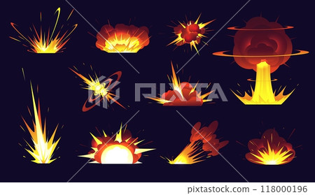 Cartoon bomb explosions. Fiery boom effect. Smoke clouds. Explosive energy. Weapon detonation. Dynamite and atomic danger. Game asset. Destruction attack. Burst elements vector set 118000196