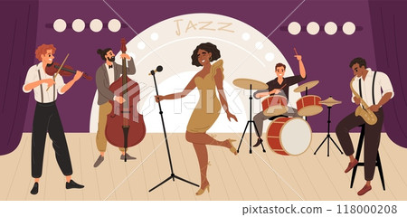 Jazz band concert. Musicians perform compositions on stage. Vocalist singing. Double bass player. Saxophonist and violinist. Musical instruments. Music performance. Garish vector concept 118000208