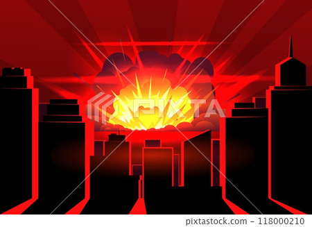 Nuclear explosion in city. Devastating outbreak with fire and smoke. Bomb detonation. Mass destruction weapons. Atomic disaster. Shadows from skyscrapers. War cityscape vector concept 118000210