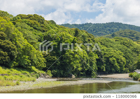 The Isuzu River flows through Oharai Town in Ise City, Mie Prefecture, Japan 118000366