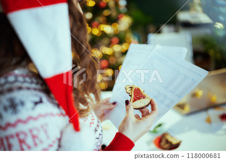 Stylish in santa hat in green office with Christmas tree 118000681