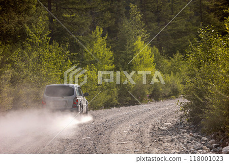 Korean SUV on a dirt road in forest in Russia 118001023
