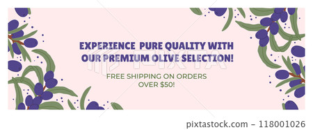 Promotional Horizontal Banner with Purple Olive Branches and Green Leaves. Highlight special offer free shipping, emphasizing premium quality products 118001026