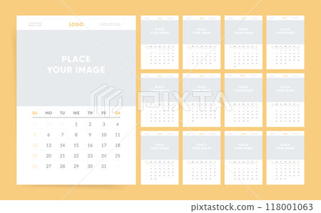 2025 Calendar Template. Simple Yellow and White Design with Image Placeholder and Clean Layout. 2025 Calendar Template. Simple Yellow and White Design with Image Placeholder and Clean Layout. 118001063