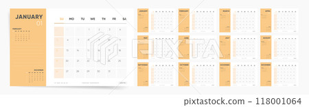2025 Calendar. Modern Yellow and White Layout with Monthly Overview and Notes Section. 118001064