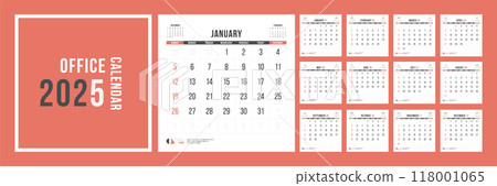 2025 Office Calendar. Bold Red and Black Design with Monthly View and Week Starting Sunday. 118001065