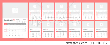 2025 Calendar. Red and White Monthly Layout with Image Placeholder and Week Starting Sunday. 118001067