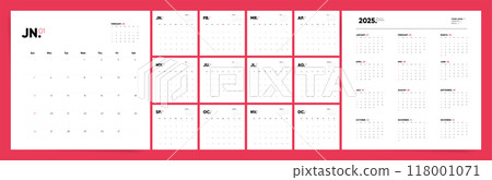 2025 Calendar. Bold Minimalist Red and White Design with Abbreviated Monthly Layout. 2025 Calendar. Bold Minimalist Red and White Design with Abbreviated Monthly Layout. 118001071