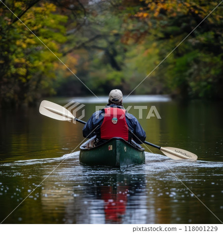 Quiet canoeing on a calm river surrounded by autumn foliage 118001229