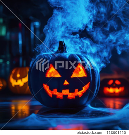 Glowing jack-o'-lanterns illuminate a spooky Halloween night in October 118001230