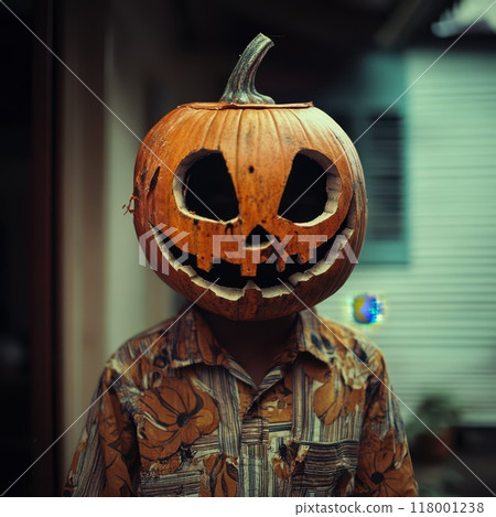 Child wearing a carved pumpkin mask outdoors during Halloween festivities 118001238