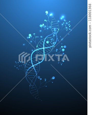 Scientific medical background with abstract image of dna molecule and tree branches. Neon glow effects and gradient. Hand drawn vector illustration. 118001368