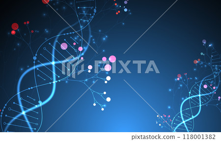 Scientific medical background with abstract image of dna molecule and tree branches. Neon glow effects and gradient. Hand drawn vector illustration. 118001382