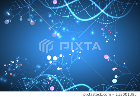 Scientific medical background with abstract image of dna molecule and tree branches. Neon glow effects and gradient. Hand drawn vector illustration. 118001383