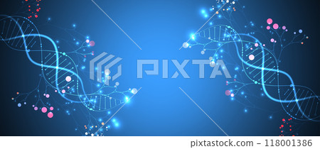 Scientific medical background with abstract image of dna molecule and tree branches. Neon glow effects and gradient. Hand drawn vector illustration. Scientific medical background with abstract image of dna molecule and tree branches. Neon glow effects and gradient. Hand drawn vector illustration. 118001386