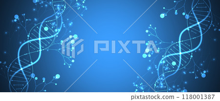 Scientific medical background with abstract image of dna molecule and tree branches. Neon glow effects and gradient. Hand drawn vector illustration. 118001387