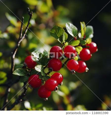 Bright red berries cluster on a leafy branch during summer sunlight 118001390