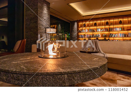 Lobby lounge at night at the Ritz-Carlton Reserve, Higashiyama Niseko Village, a resort hotel in Niseko, Hokkaido 118001452