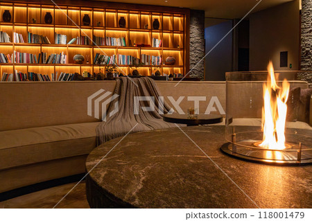 Lobby lounge at night at the Ritz-Carlton Reserve, Higashiyama Niseko Village, a resort hotel in Niseko, Hokkaido 118001479