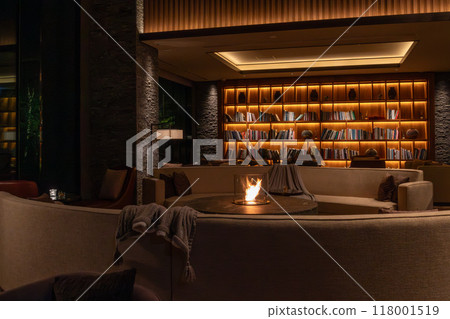 Lobby lounge at night at the Ritz-Carlton Reserve, Higashiyama Niseko Village, a resort hotel in Niseko, Hokkaido 118001519