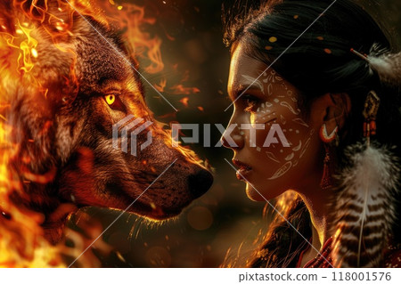 Indian woman with a feather in her hair with the face of a fiery wolf 118001576