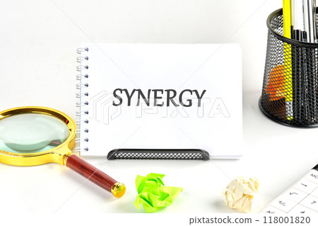 Teamwork, good business system, finding working solutions and effective management. SYNERGY in a notebook on a white background Teamwork, good business system, finding working solutions and effective management. SYNERGY in a notebook on a white background 118001820
