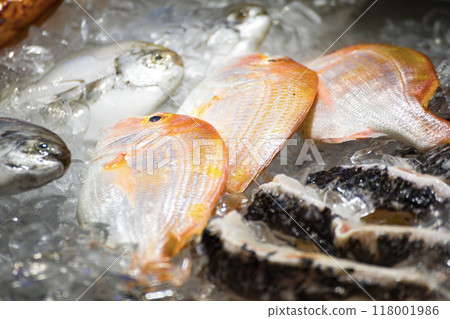 市場攤位上的新鮮赤鯮魚 市場攤位上的新鮮赤鯮魚 118001986