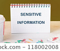 Conceptual sensitive information symbol. Copy space. Sensitive information message written on a blank page of a checkered notebook 118002008