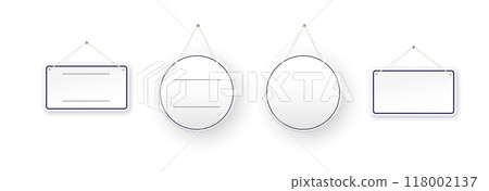 White round shop door signs hanging isolated on transparent background. Empty or blank sign for store, restaurant or cafe. Vector White round shop door signs hanging isolated on transparent background. Empty or blank sign for store, restaurant or cafe. Vector 118002137