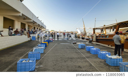 Fish market in the emirate of Ajman timelapse hyperlapse. United Arab Emirates 118003065