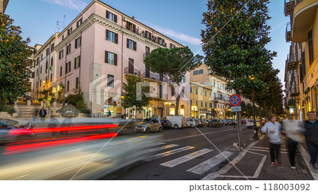 Typical medieval narrow street in beautiful town of Albano Laziale night timelapse, Italy 118003092