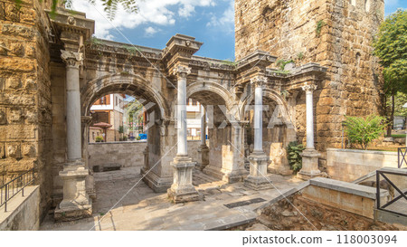 View of Hadrian's Gate in old city of Antalya timelapse hyperlapse, Turkey View of Hadrian's Gate in old city of Antalya timelapse hyperlapse, Turkey 118003094