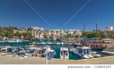 Yacht harbor and houses in Old town timelapse hyperlapse Antalya, Turkey. Yacht harbor and houses in Old town timelapse hyperlapse Antalya, Turkey. 118003107
