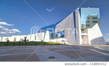 National Museum of Republic of Kazakhstan and the fountain Sak warriors timelapse hyperlapse in Astana 118003112
