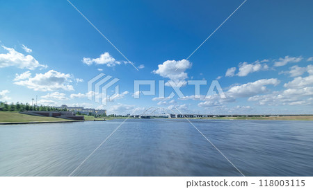 Astana, Kazakhstan. View from Pleasure boat on the river Ishim timelapse hyperlapse drivelapse in Astana. 118003115